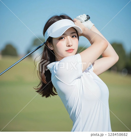 ゴルフをする女性 ゴルフをする女性 128458682