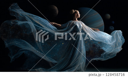 A woman in a long transparent dress dances in space among the stars and planets 128458716