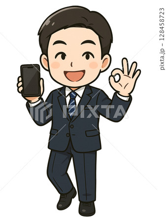 スマートフォンを片手にOKサインを出している男性のサラリーマン 128458723