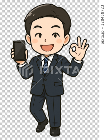 スマートフォンを片手にOKサインを出している男性のサラリーマン 128458723