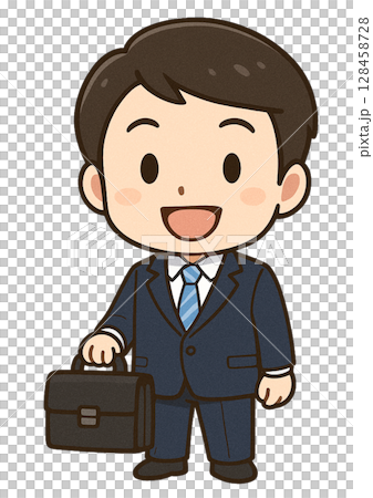 A male businessman smiling and greeting with a bag in hand 128458728
