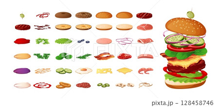 Burger kit. Fast food ingredients constructor, preparations, sliced vegetables, patty, cheese, bacon, sauce between buns, restaurant menu elements cartoon flat isolated tidy vector set 128458746
