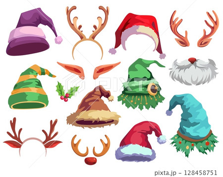 Christmas hats and accessories. Funny holiday elements, photo booth props, different new year caps, ears, beards and horns, Santa Claus traditional costume element vector cartoon set 128458751