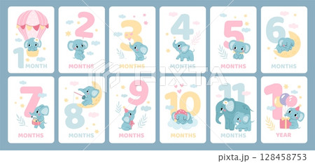 Cute elephant baby birthday cards. Numbers with funny animal characters, kids party elements, little happy cartoon mascot, newborn print and posters design, garish vector isolated set 128458753
