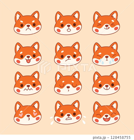 Cute fox emoji. Kawaii animal faces with different moods, positive and negative emotions, Happy, angry and crying fluffy redheads character, stickers garish vector cartoon set 128458755