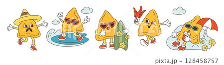 Cute nachos characters. Funny groovy corn chips, happy triangle snacks with faces and mustache, feet and hands, traditional mexican mascot in sombrero, fast food, cartoon garish vector set 128458757
