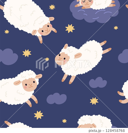 Cute sheep seamless pattern. Funny lambs in evening sky with stars and clouds, good night, counting jumping sheep textile, wrapping paper, wallpaper. Print for fabric garish vector background 128458768