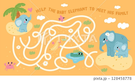 Elephant maze game. Help baby animal find family, kids labyrinth, confusing way home, delicate design, african fauna, page template, cartoon isolated illustration, garish vector concept Elephant maze game. Help baby animal find family, kids labyrinth, confusing way home, delicate design, african fauna, page template, cartoon isolated illustration, garish vector concept 128458778