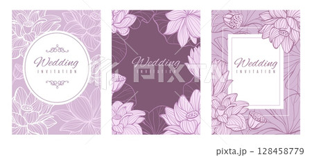 Event invitations with fine lotus. Hand drawn linear flowers, luxury floral wedding templates, gentle botanical cards, pink line lily, spring summer bouquet background splendid vector set Event invitations with fine lotus. Hand drawn linear flowers, luxury floral wedding templates, gentle botanical cards, pink line lily, spring summer bouquet background splendid vector set 128458779