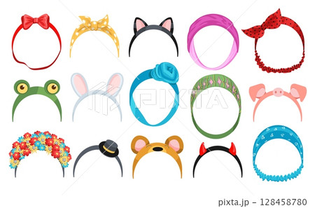 Female headband ribbon. Girly trendy hair accessories, lady fashion decorative elements, women patterned scrunchies, funny animal ears, flowers and bows isolated splendid vector flat set 128458780
