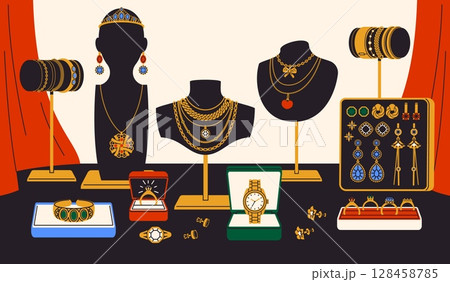 Jewelry showcase. Gold accessories store, mannequins with bijouteries, chains, pendants and earrings, gems boutique, decorative precious stones, contemporary accessory tidy vector concept Jewelry showcase. Gold accessories store, mannequins with bijouteries, chains, pendants and earrings, gems boutique, decorative precious stones, contemporary accessory tidy vector concept 128458785