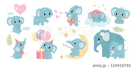 Little cute elephant character. Baby animals, big african safari mammal, nursery room funny mascot, different actions and poses, adorable baby and mother, garish vector cartoon isolated set 128458788