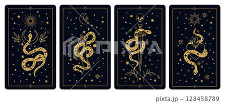 Magic snakes tarot. Mystical cards shirts design, esoteric trendy elements, notebook cover or print. Occult serpent silhouettes, spiritual symbols, gold reptiles, garish vector set 128458789
