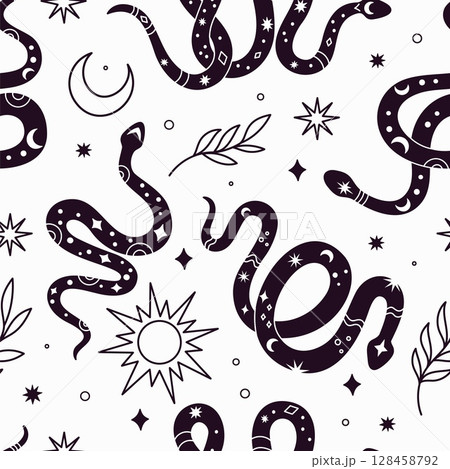 Mystic snake seamless pattern. Boho serpents silhouettes with magical symbols, trendy occult and esoteric elements. Textile, wrapping paper, wallpaper. Print for fabric garish vector background 128458792