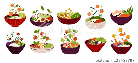 Poke bowls. Combined products, balanced nutrition, mixed healthy food, fresh vegetables, rice, salmon, fish and meat pieces on plate , hawaiian menu, garish vector cartoon isolated set 128458797