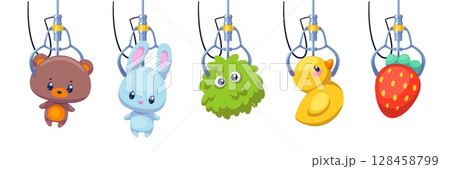 Retro toy grabber machine. Cartoon crane arms with plush cute animals, funny kids game, mechanical vending automate with claw, amusement park, manipulator isolated elements, classy vector set 128458799