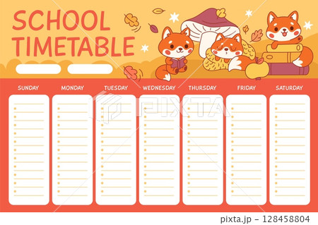 School schedule with fox. Kids funny timetable template, autumn weekly planner design, cute redhead fluffy animals, childish poster, cartoon mascot, empty textbox garish vector concept 128458804