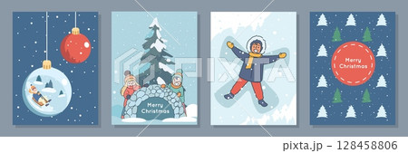 Winter vacances cards. Happy people having fun in snow, children play, sledding, make angel in snowdrift, building ice cave, Christmas posters and prints design, vector cartoon isolated set Winter vacances cards. Happy people having fun in snow, children play, sledding, make angel in snowdrift, building ice cave, Christmas posters and prints design, vector cartoon isolated set 128458806