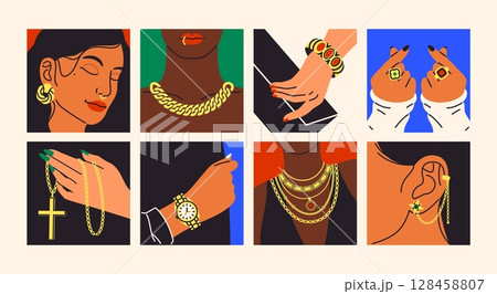 Body parts with jewelry. Wearing precious accessories, piercing, golden rings on fingers, gems, expensive watches and bracelets on hands, chains on neck, cards design, tidy vector set 128458807