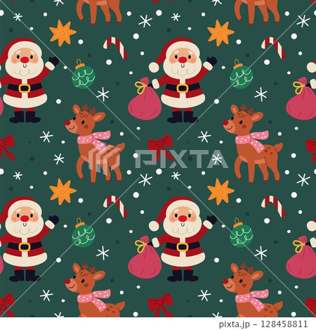 Christmas deer seamless pattern. Repeated holiday objects, funny santa characters with gift, animals with scarf, textile, wrapping paper, wallpaper. Print for fabric garish vector background 128458811