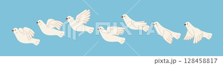 Flying dove animation. White city bird motion, cartoon beautiful pigeon sequences, flutter of wings full cycle, freedom, love and peace symbol, isolated character, garish vector concept Flying dove animation. White city bird motion, cartoon beautiful pigeon sequences, flutter of wings full cycle, freedom, love and peace symbol, isolated character, garish vector concept 128458817