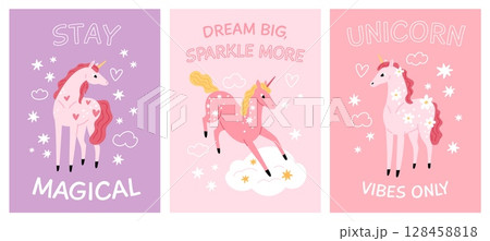 Funny unicorn birthday cards. Delicate colors, cartoon horses with horns, girly pink cute design, cute fantasy animals, childish creature posters and decorative prints, garish vector set Funny unicorn birthday cards. Delicate colors, cartoon horses with horns, girly pink cute design, cute fantasy animals, childish creature posters and decorative prints, garish vector set 128458818