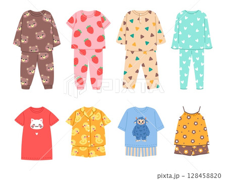 Kids pajamas. Cute childish sleepwear, funny color patterns, trendy night apparel, cozy home, bedtime clothes, boys and girls, t-shirts, pants and shorts cartoon isolated classy vector set 128458820