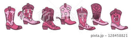 Pink cowgirl boots. Vintage west and texas footwear, girly glamour shoes, retro country accessories, fashion disco art prints, rodeo costume garish vector cartoon flat style isolated set 128458821