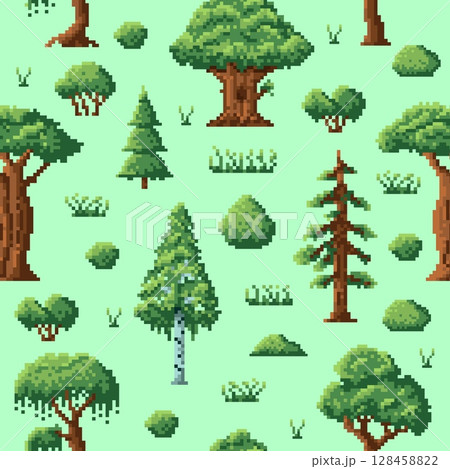 Pixel trees and bushes seamless pattern. 8 bit game landscape, plants sprites, forest location, play design. Textile, wrapping paper, wallpaper. Print for fabric qualitative vector background 128458822