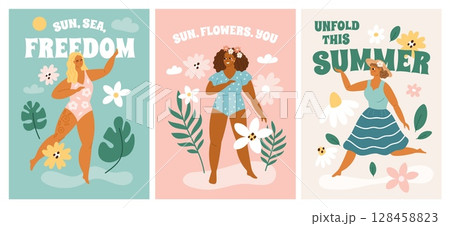 Pretty women with flowers. Beautiful female characters, sexy curved girls in bikinis and dress, body positive self love, summer poster, happy people garish vector cartoon flat isolated set 128458823