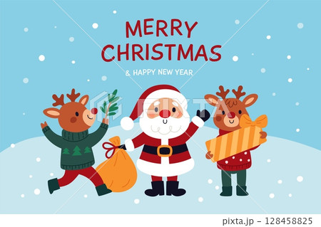 Santa with deers holiday poster. Christmas greeting card, funny cartoon characters, happy mascots with new year gifts, reindeer winter holidays celebration banner garish vector concept 128458825