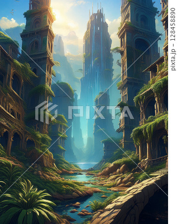 草木に浸食された荒廃した街並み 128458890