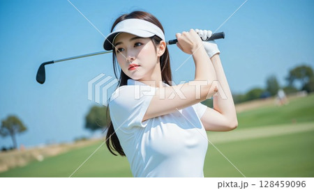 ゴルフをする女性 ゴルフをする女性 128459096