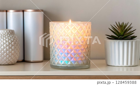 Beautiful prismatic candle illuminating a modern shelf in a cozy living room 128459388