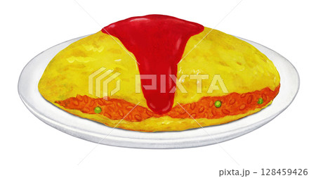 白い皿に乗せたオムライスのイラスト 白い皿に乗せたオムライスのイラスト 128459426