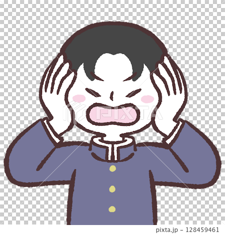 Illustration of a boy in a school uniform covering his ears 128459461