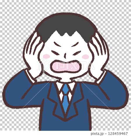 Illustration of a man in a suit covering his ears Illustration of a man in a suit covering his ears 128459467