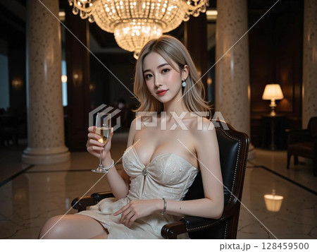 シャンパンを飲む美しい女性 シャンパンを飲む美しい女性 128459500