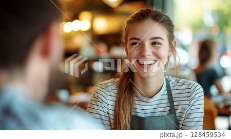 カフェでお客様と笑顔を交わす女性スタッフの接客シーン カフェでお客様と笑顔を交わす女性スタッフの接客シーン 128459534