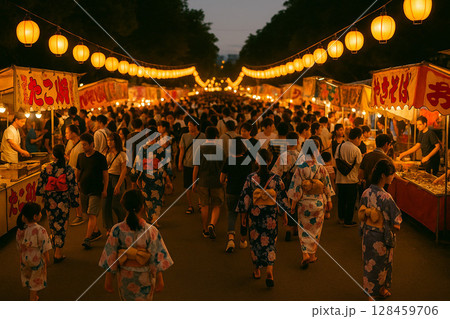 夏祭りを楽しむ浴衣姿の人々と夜の屋台風景 128459706