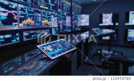 Financial analyst examining real time stock market data on wall monitors using tablet in high tech control room, analyzing market trends and investment strategies 128459789