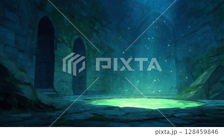 古代遺跡の中庭と光る泉のファンタジーイラスト_2 128459846