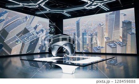 Modern vr headset rotating on a transparent display in a futuristic showroom with holographic city maps and data interfaces projected on screens 128459888