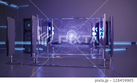 Complex energy patterns and data streams pulsate within a futuristic glass display, illuminated by dynamic lighting effects in a sleek, technological environment 128459905