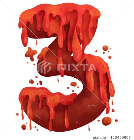 Three blood themed Halloween numbers watercolor hand drawn 128459907