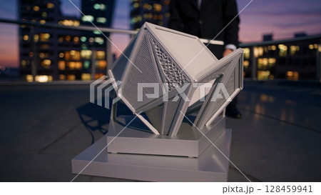 Architect is presenting a futuristic, transforming, deployable, modular house, unfolding from a compact form to a larger structure, on a rooftop at sunset 128459941