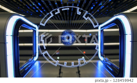 Futuristic gate with a rotating core and glowing lights opens and closes repeatedly, creating a seamless loop perfect for technology, innovation, and future themed projects 128459942