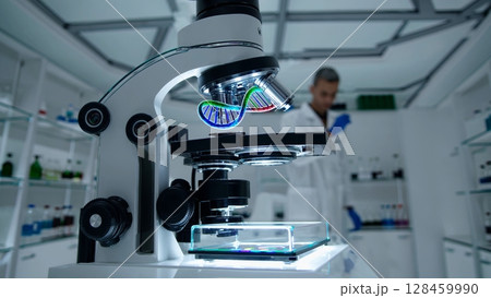 Colorful dna double helix rotating under microscope lens while scientific professional working in pristine laboratory environment, investigating genetic research with advanced medical technology Colorful dna double helix rotating under microscope lens while scientific professional working in pristine laboratory environment, investigating genetic research with advanced medical technology 128459990