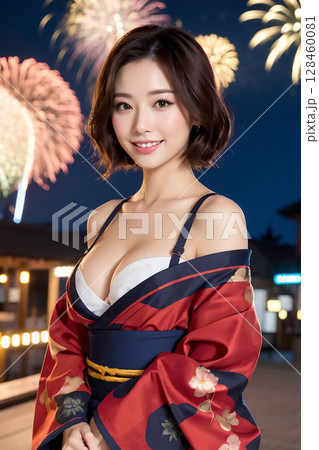夜の街を歩くセクシーな着物の女性 128460081