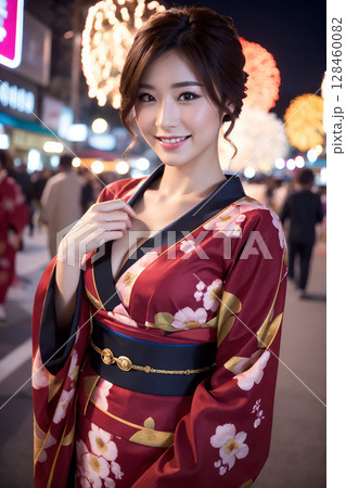 夜の街を歩くセクシーな着物の女性 128460082